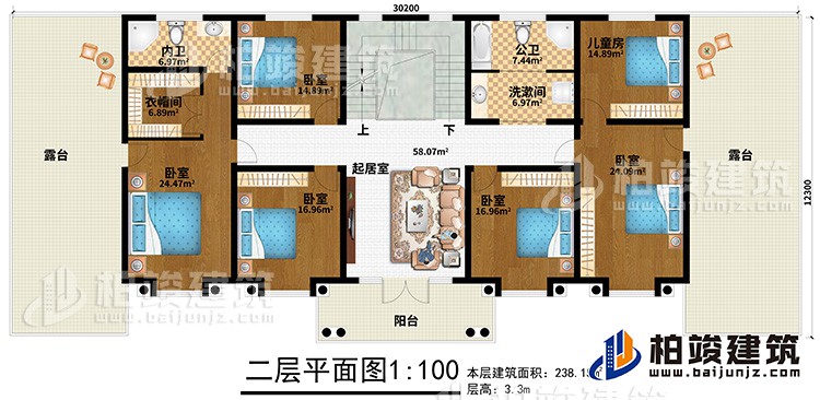 二层：5卧室、儿童房、公卫、洗漱间、内卫、起居室、2露台、阳台