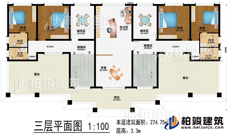 三层：办公区、茶室、2楼梯间、2娱乐区、4卧室、2公卫、2内卫、2露台